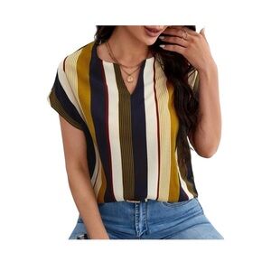 Women's XXL Multi-color Striped V-Neck Blouse Short Sleeve Top Career Chic
